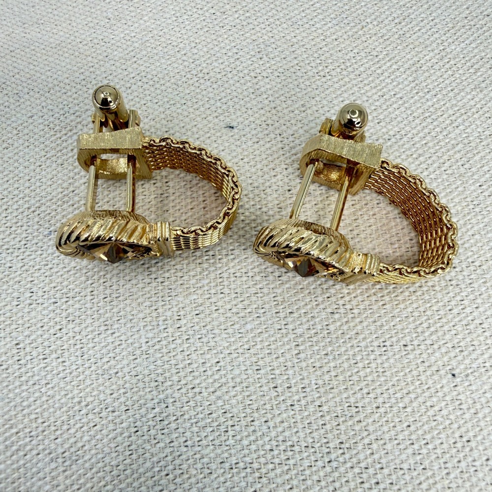 Vintage Swank Mesh Wrap Cufflinks Amber Crystal Rivoli Stone MCM Gold Tone - Picture 3 of 10